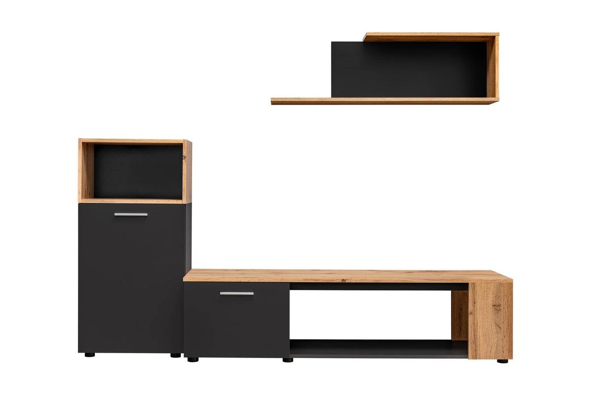 Black media wall unit with TV console, open shelves, and two drawers