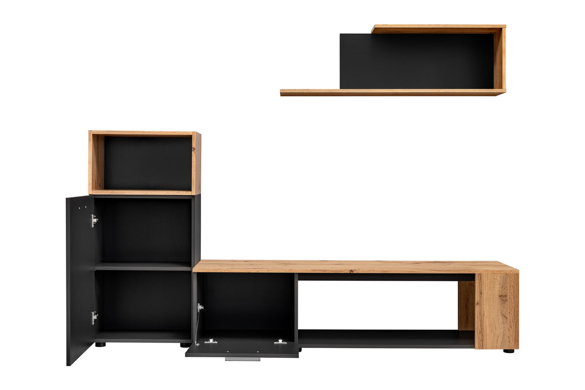 Black media wall unit with open side cabinets and wide TV console with wooden top