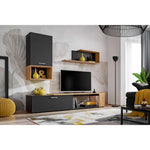 Black media wall unit with open shelves, TV stand cabinet, and floating wall shelf