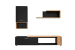 Black media wall unit with tall cabinet, floating shelf, and TV media console