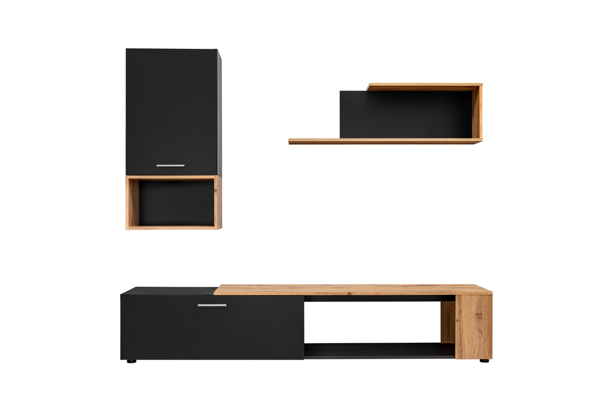 Black media wall unit with tall cabinet, floating shelf, and TV media console