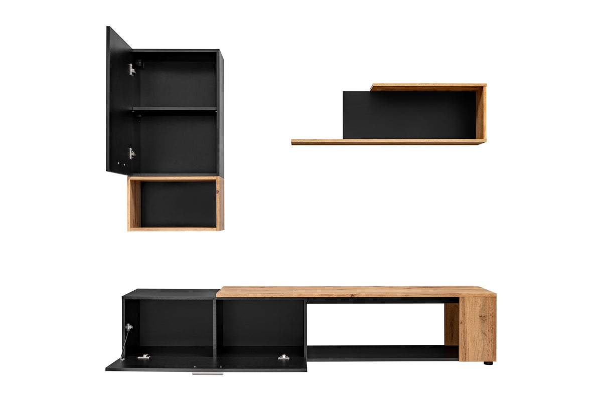 Black media wall unit with open compartments and TV media console