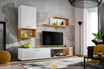 White media wall unit with open shelves, TV console, and floating wall shelf