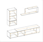 Media wall unit dimension diagram showing cabinet and TV console layout