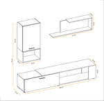 Media wall unit diagram with measurements for tall cabinet and TV console