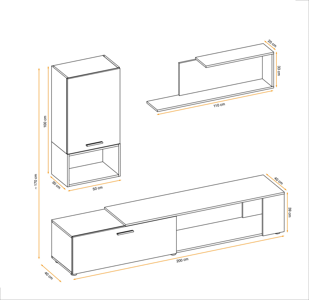 Media wall unit diagram with measurements for tall cabinet and TV console
