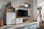 White and wood media wall unit with TV stand, open shelves, and two drawer cabinets