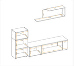 Media wall unit assembly diagram showing shelves and overall layout dimensions