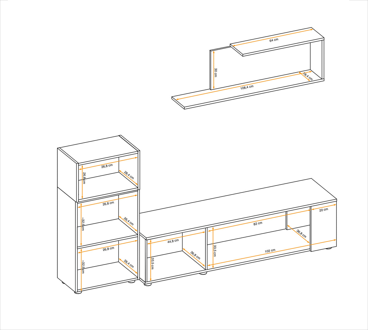 Media wall unit assembly diagram showing shelves and overall layout dimensions