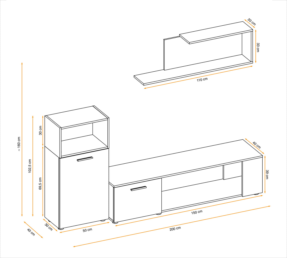 Media wall unit size diagram with 200 cm width, shelves, and cabinet sections