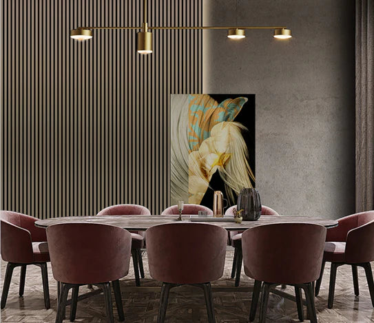 Metallic brown acoustic wall panel with vertical slat stripes
