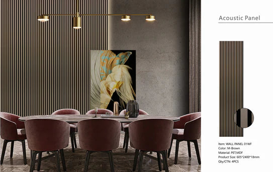 Metallic brown acoustic wall panel on a room wall with vertical stripes
