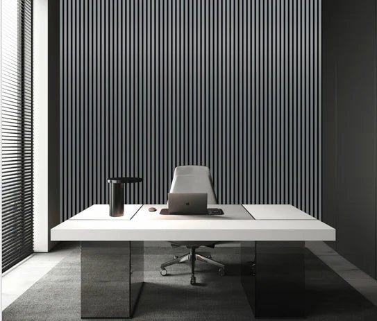 Metallic dark grey acoustic wall panels with vertical slatted ribs