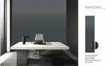Acoustic wall panel set with dark grey vertical slats in a modern interior