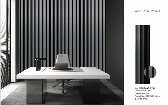 Acoustic wall panel set with dark grey vertical slats in a modern interior