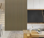 Acoustic wall panel with vertical metallic gold and dark stripes