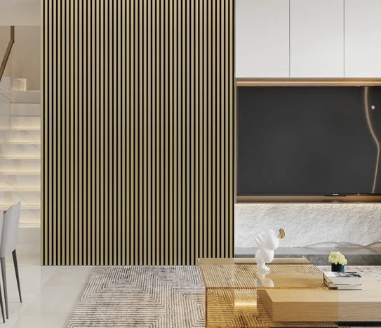 Acoustic wall panel with vertical metallic gold and dark stripes