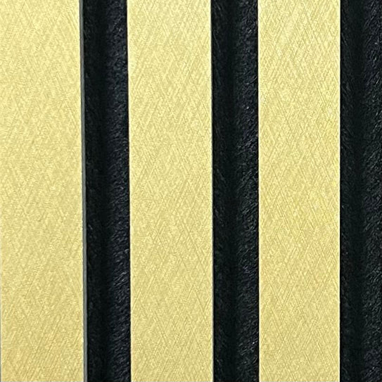 Close-up acoustic wall panel: metallic gold vertical slats with dark gaps