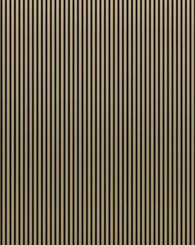 Acoustic wall panel with a tight vertical stripe pattern in gold and dark