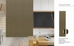 Acoustic wall panel featuring vertical metallic gold slats and dark stripes
