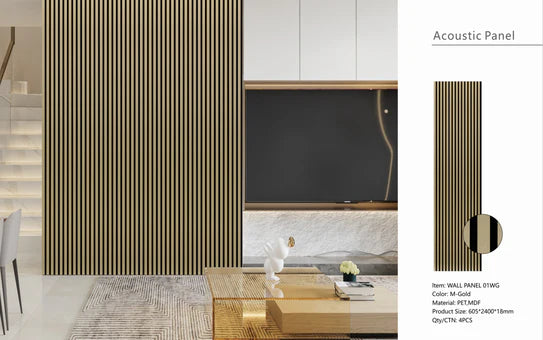Acoustic wall panel featuring vertical metallic gold slats and dark stripes
