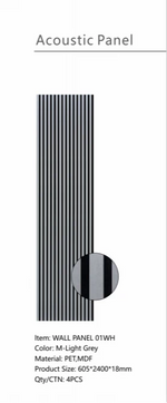 Acoustic panel with vertical black stripes and round fabric label detail