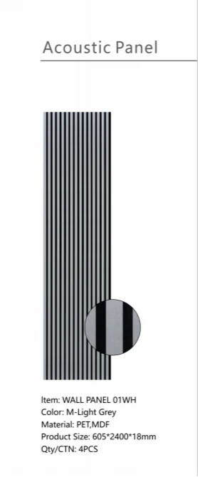 Acoustic panel with vertical black stripes and round fabric label detail