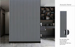 Acoustic wall panel with vertical black slats and round side label detail