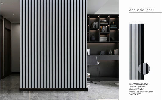 Acoustic wall panel with vertical black slats and round side label detail