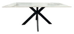 Marble-pattern ceramic table with black crossed legs and flat rectangular tabletop
