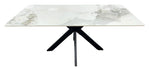 Marble-pattern ceramic table with black tripod legs and wide rectangular top