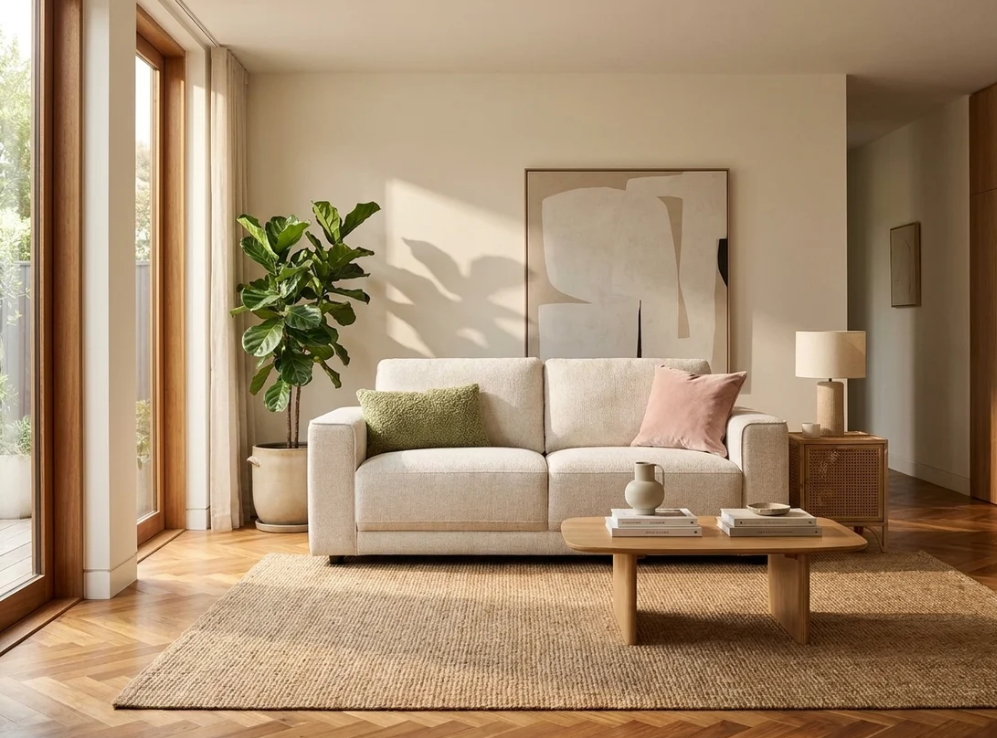 Beige two-seater sofa with squared arms and two-tone throw pillows