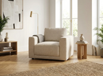 Beige upholstered armchair with rounded arms and square seat
