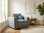 Grey upholstered armchair with rounded arms and square seat
