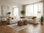 Large corner sofa, beige upholstery with tufted cushions and chaise-style section
