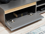 TV wall unit lower compartment with metal bracket mounts and light wood inner shelf
