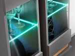 TV wall unit LED-lit glass cabinet with teal glow and dark interior, light wood trim