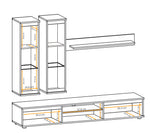 TV wall unit line drawing with cabinet compartments and base storage, measured layout