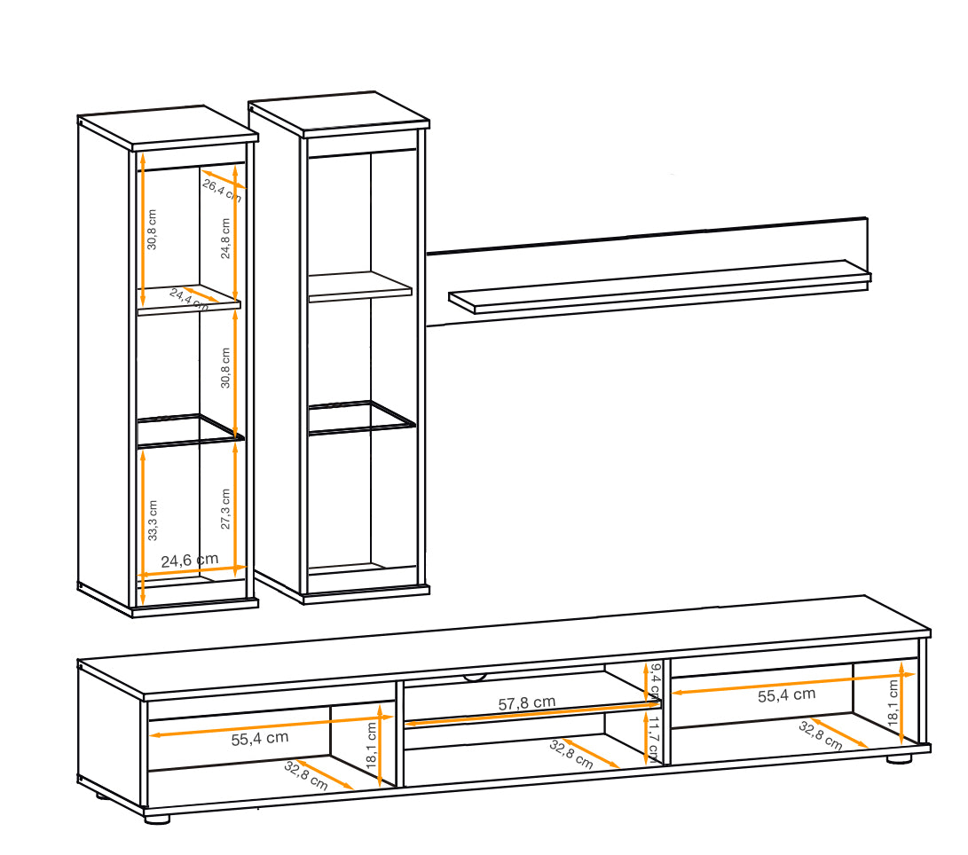 TV wall unit line drawing with cabinet compartments and base storage, measured layout