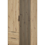 Wood 2-door wardrobe with vertical slatted insert and black handles, Artisan Oak finish