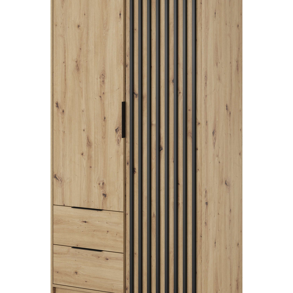 Wood 2-door wardrobe with vertical slatted insert and black handles, Artisan Oak finish