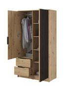 Two-door wardrobe with mirror, open compartments, hanging rail, and drawers; wood slat accents.