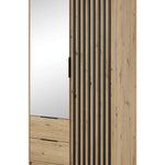 Two-door wardrobe with mirror; front panel with vertical slat detail and two lower drawers.