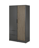 Graphite grey 2-door wardrobe with vertical slatted center panel and side handle