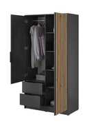 Open 2-door wardrobe showing hanging rail and shelves, Graphite grey interior