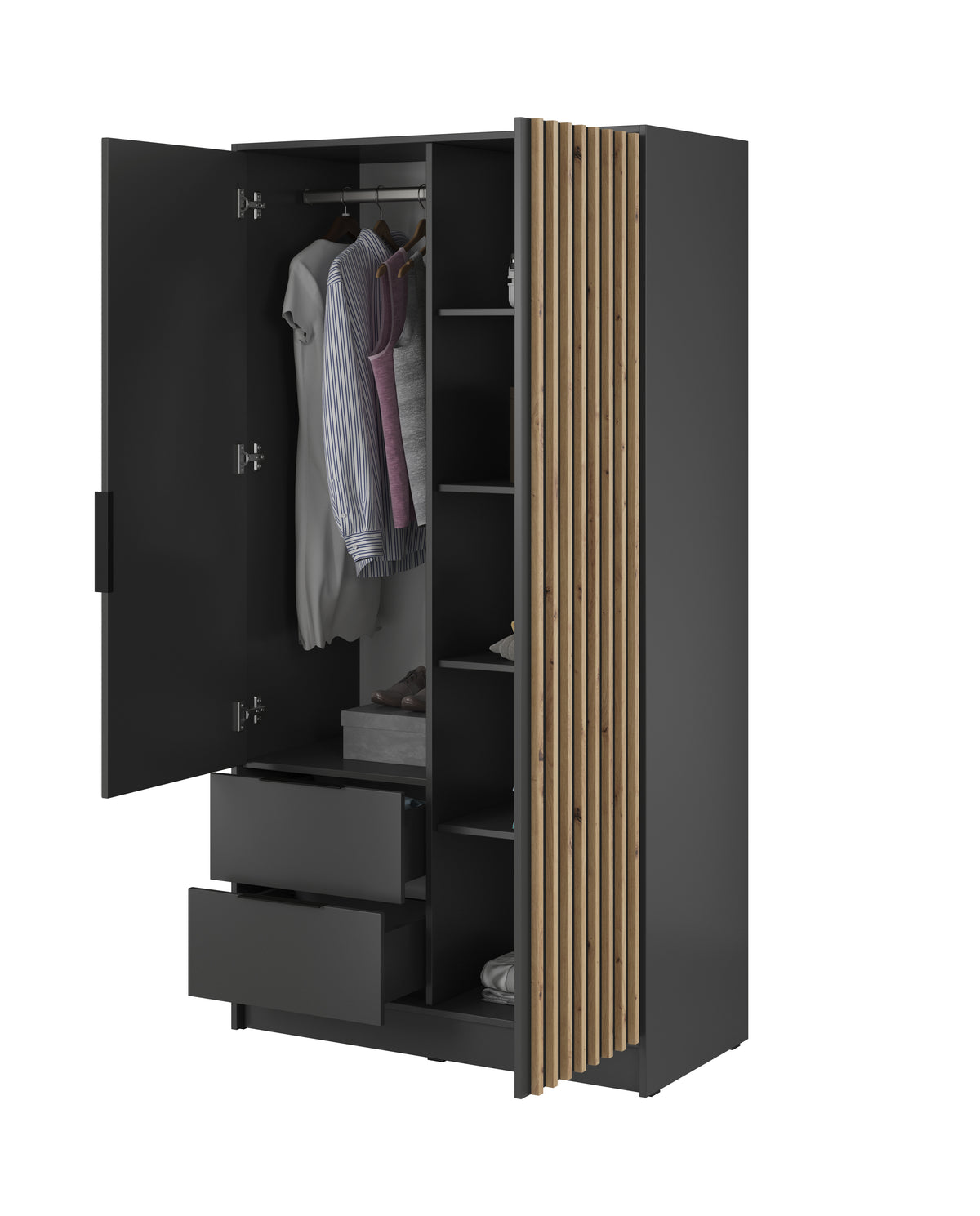 Open 2-door wardrobe showing hanging rail and shelves, Graphite grey interior