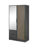 Two-door wardrobe with mirror; dark base with vertical wood-slat side panel and two drawers.