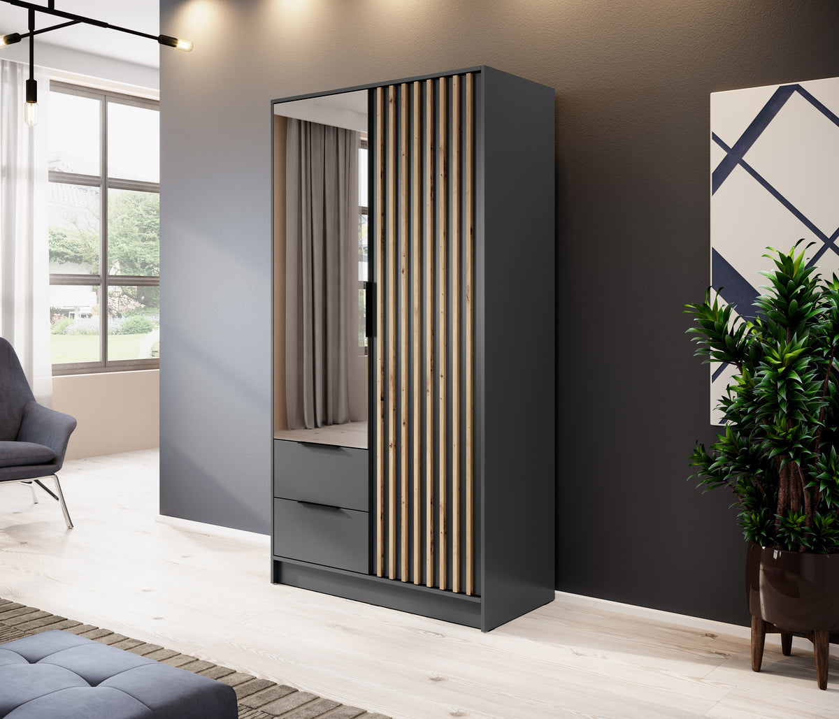 Two-door wardrobe with mirror and vertical slat panel, in a living room setting; drawers included.