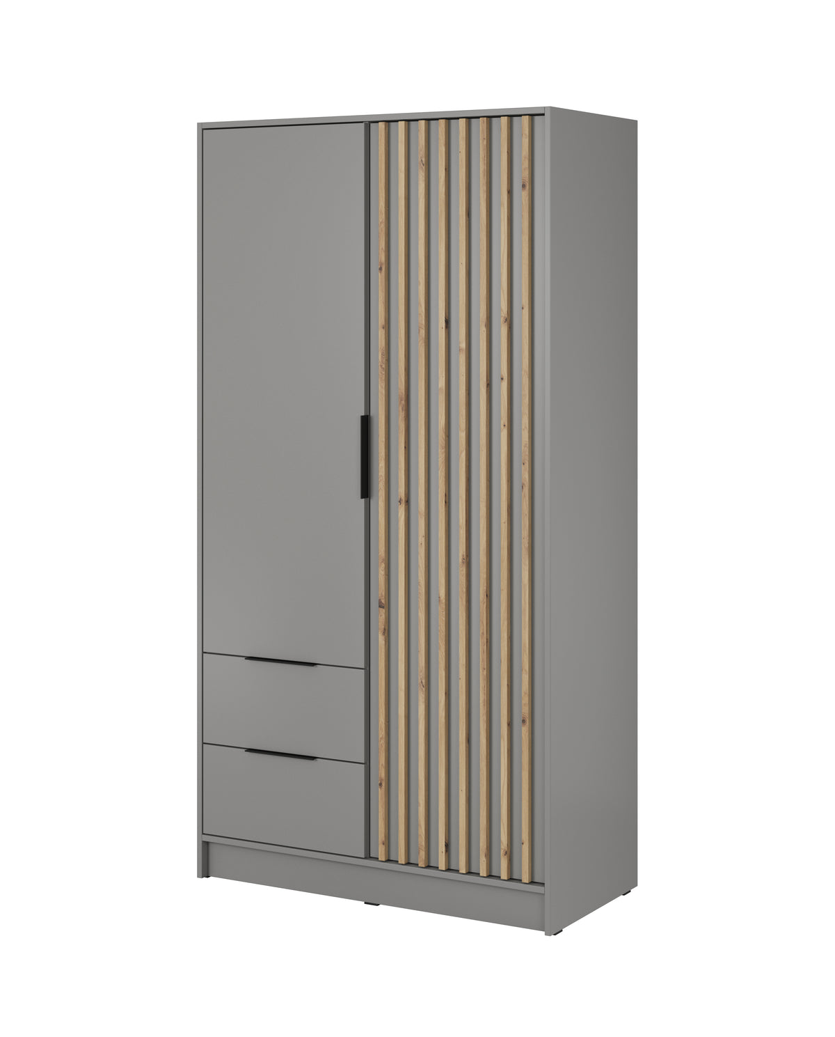 Grey 2-door wardrobe with vertical slatted panel and two lower drawers, cashmere finish
