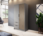 Grey 2-door wardrobe with vertical slatted door panel and bar handle, front view
